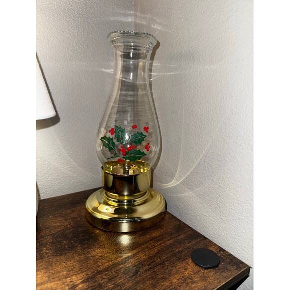 Vintage Brass Hurricane Candle Lamp + 2 Holiday Glass Shades Christmas Decor - Picture 2 of 14